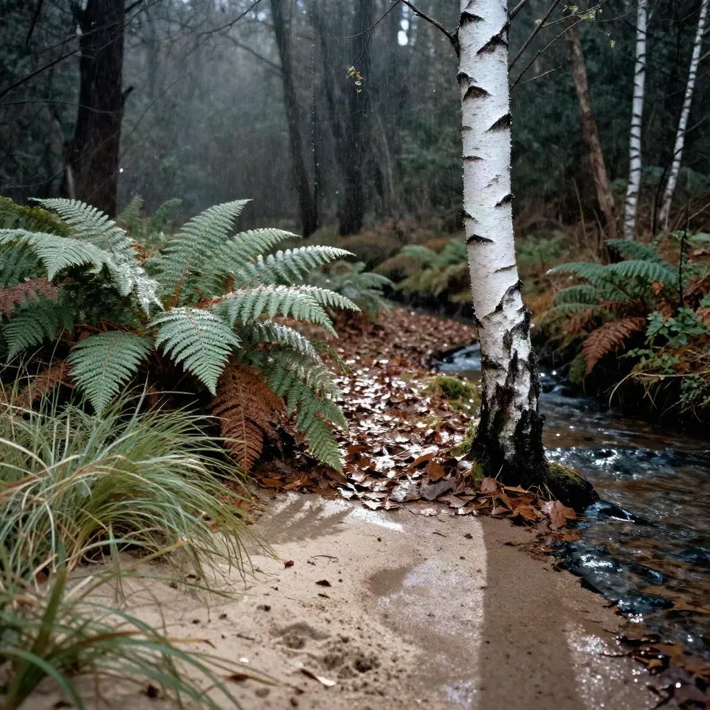 Lisière de forêt mouillée, fougères couchées, jeune bouleau et ruisseau sur tapis de feuilles.