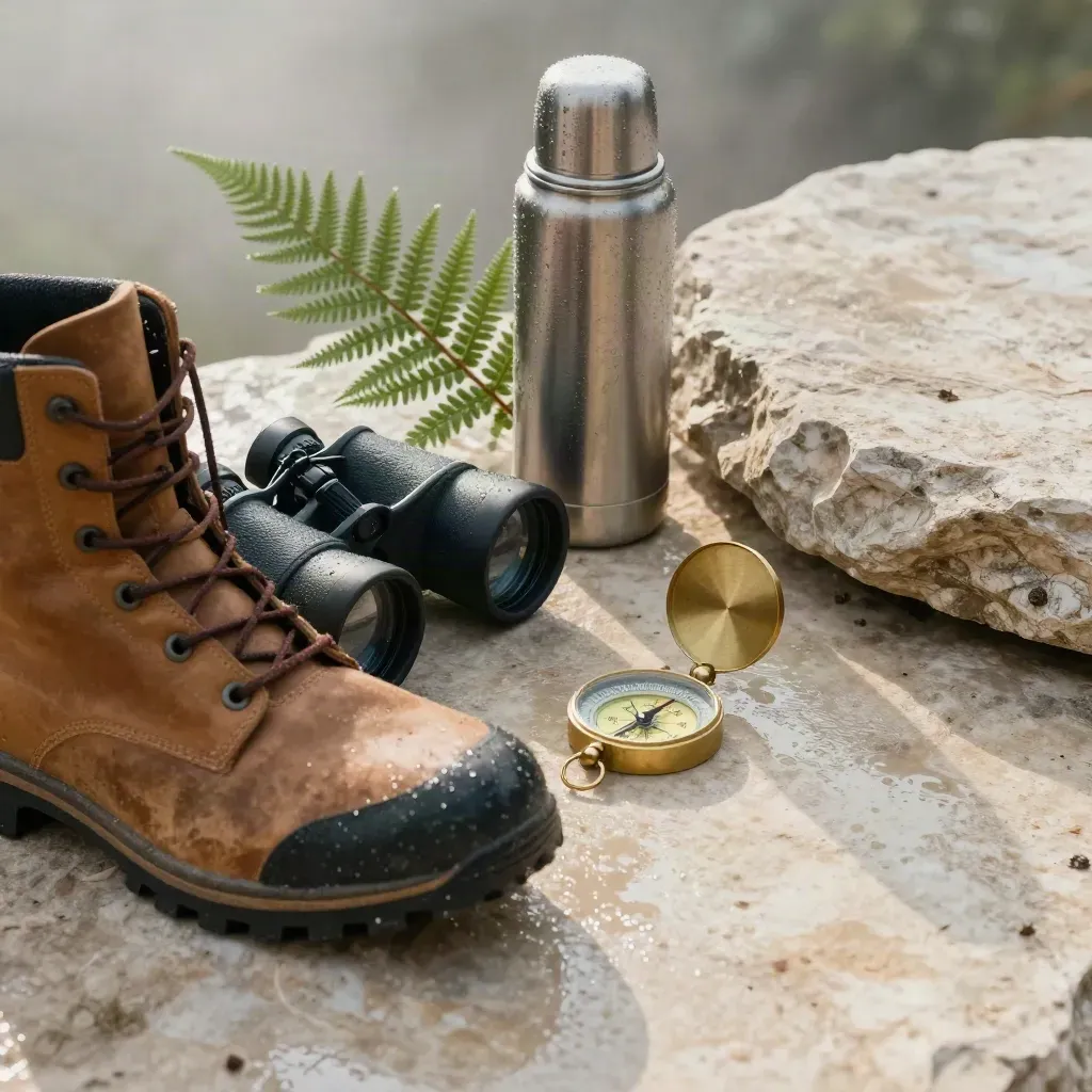 Bottes de randonnée, jumelles, boussole, fougère et thermos sur pierre humide dans la brume du matin.