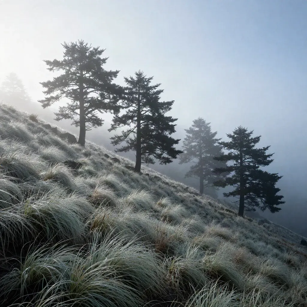 Colline noyée de brume avec pins sombres, herbes perlées et crête effacée.