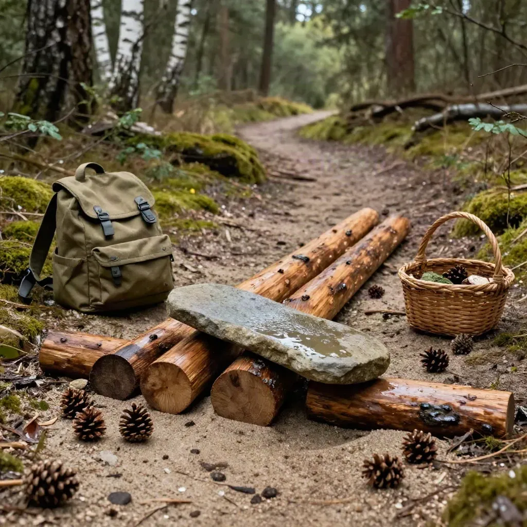 Sentier d’exploration pour enfants avec rondins, pierre d’équilibre, sac fermé et panier de trouvailles.