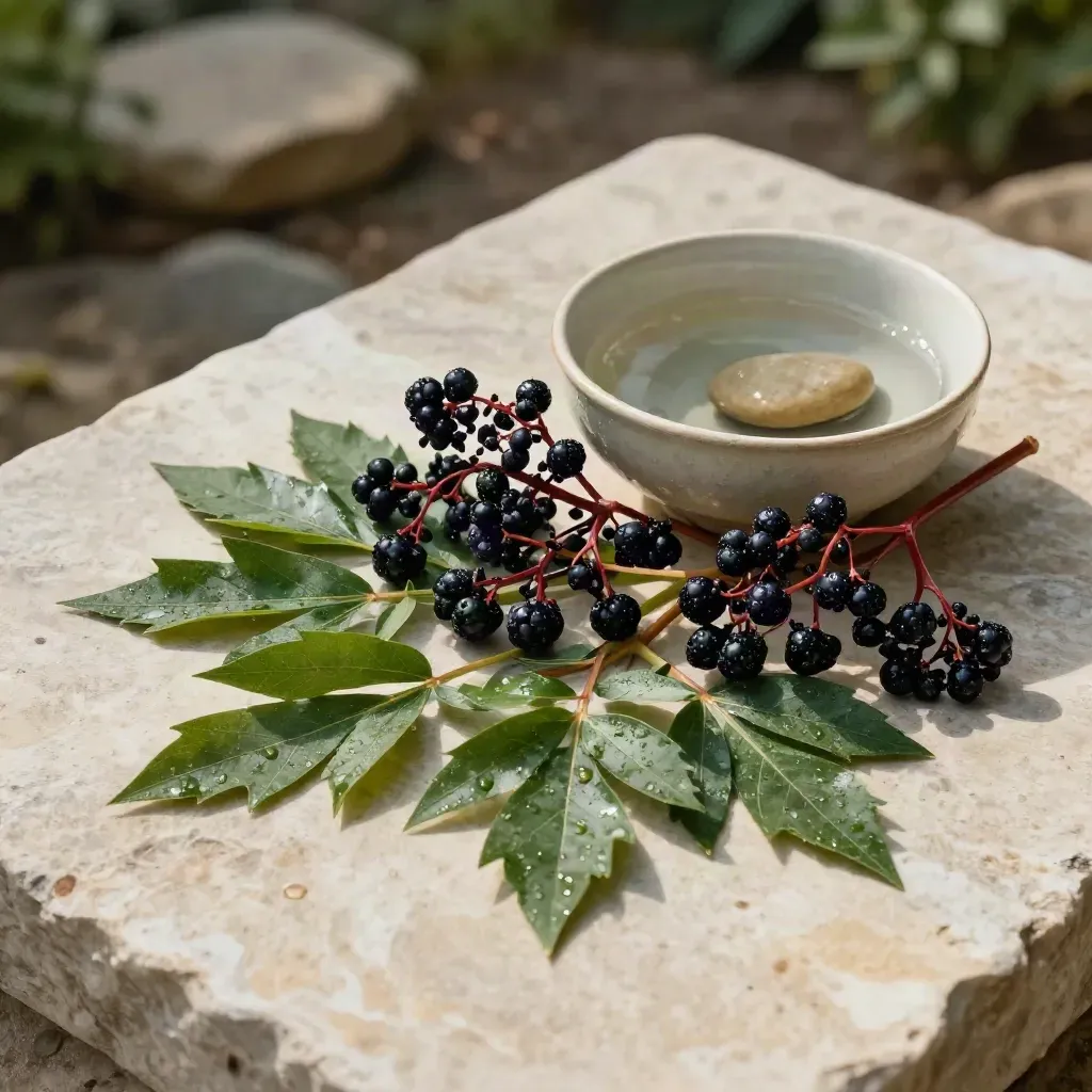 Feuilles de sureau, plantain, trèfle et lierre posées sur pierre claire avec bol d’eau.