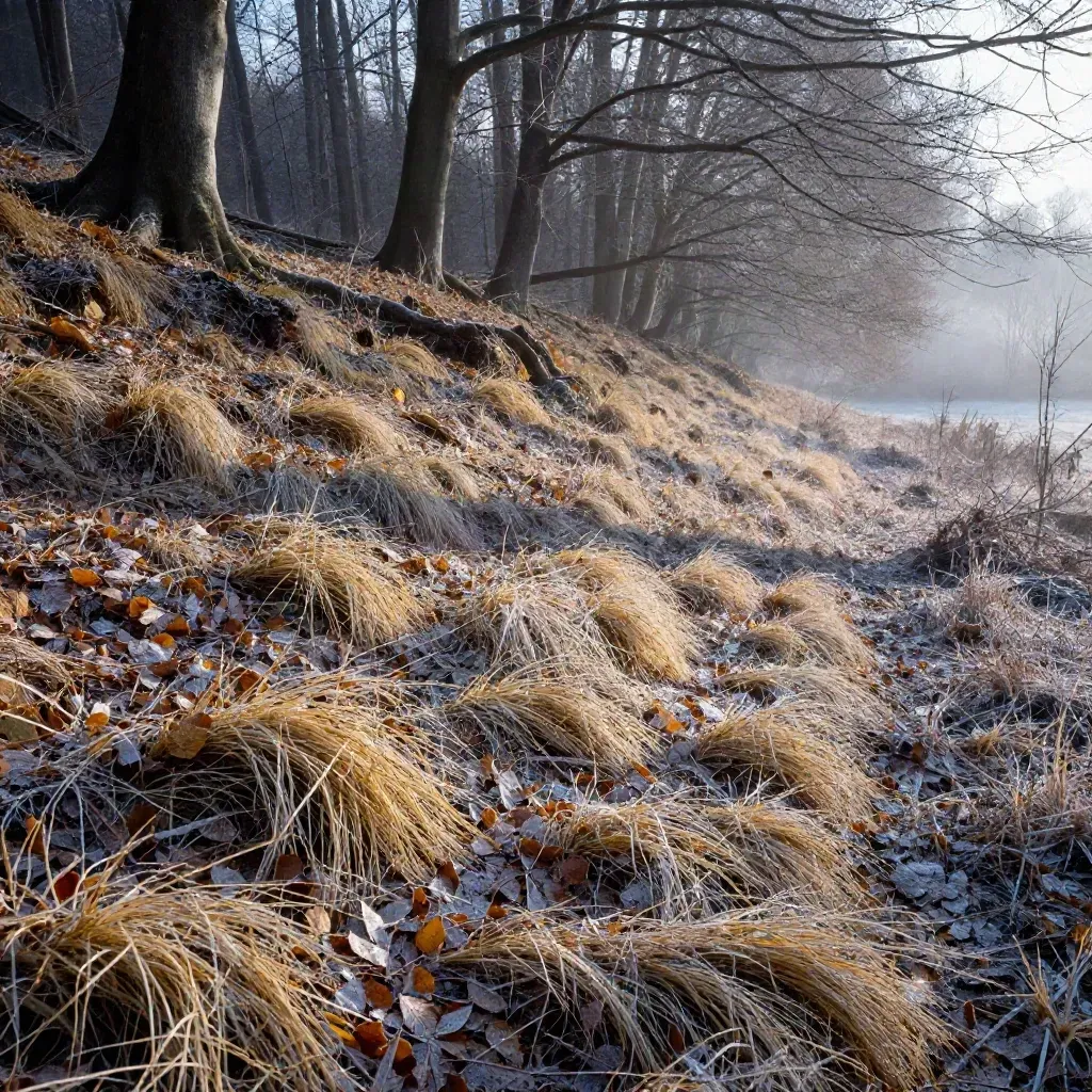 Grande hêtraie en clairière, feuilles mortes, herbe dorée et gel dans les creux.