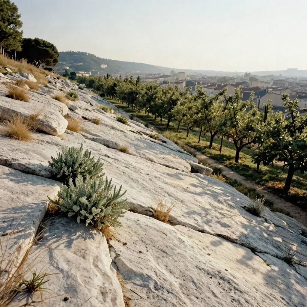 Plateau calcaire au-dessus de Lyon, verger urbain, colline verte et ville floue dans la brume