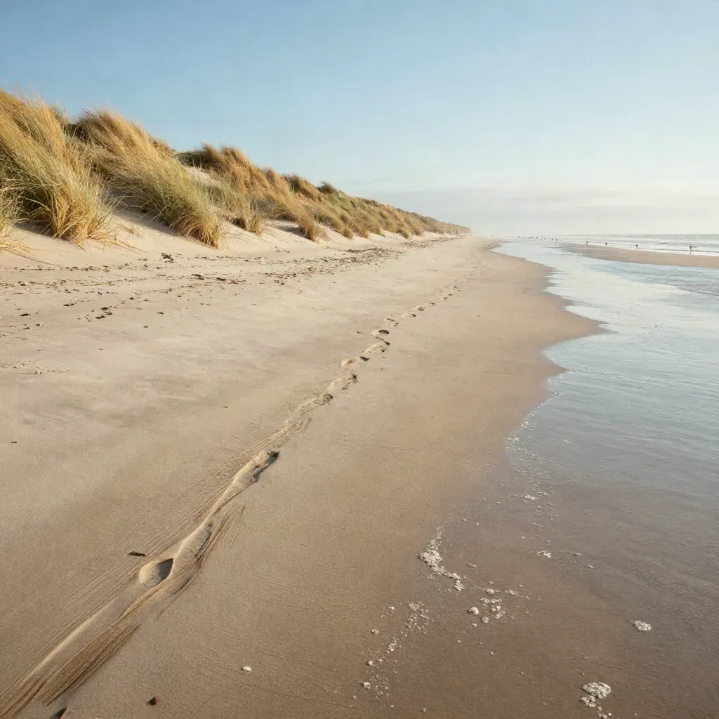 Dunes blondes et mare de marée au retrait de la mer, empreintes effacées et goélands au loin