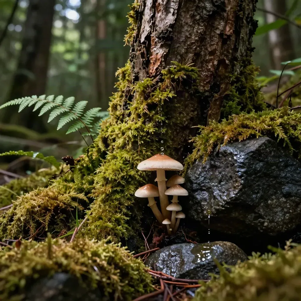 Sous-bois moussu avec fougères, champignons discrets et goutte d’eau sur roche sombre