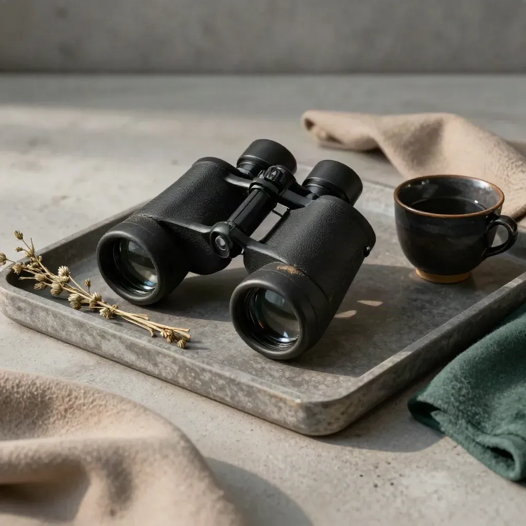 Jumelles noires, herbes sèches et tasse sombre sur un plateau de pierre