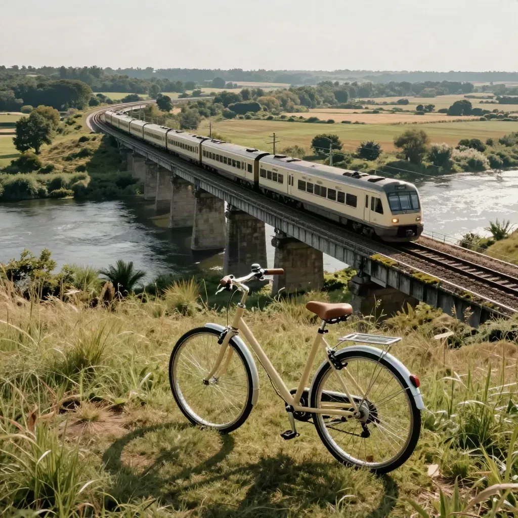 Train régional sur viaduc verdoyant, rivière en contrebas et vélo au premier plan.