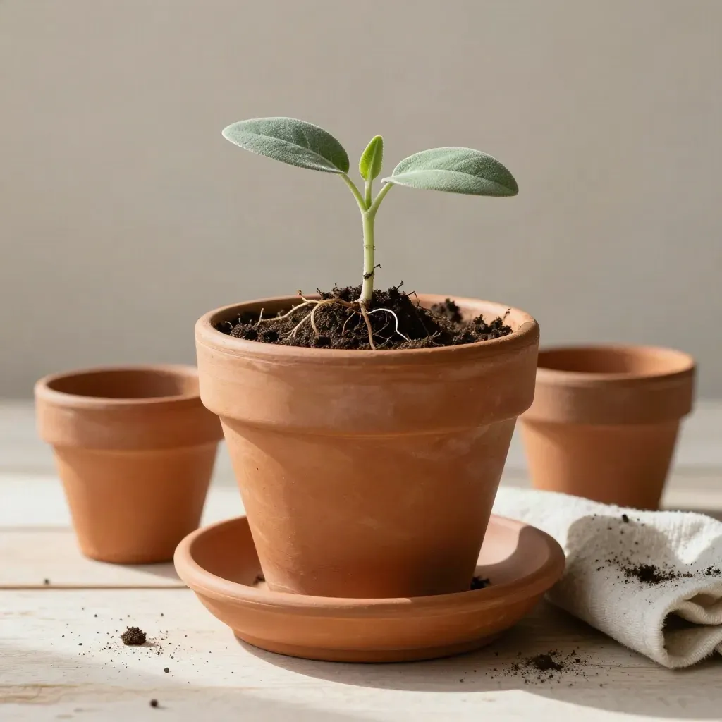 Jeune plante en pot de terre cuite, soucoupe en argile, torchon brut et terre fine.