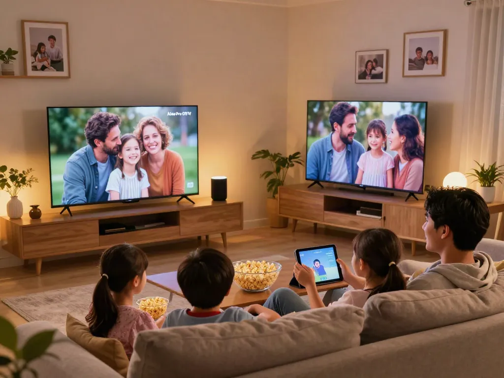 Famille profitant d'Atlas pro ontv dans leur salon confortable avec ambiance chaleureuse.