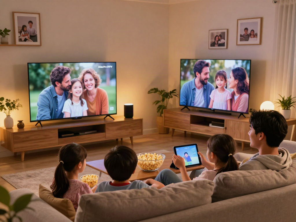 Famille profitant d'Atlas pro ontv dans leur salon confortable avec ambiance chaleureuse.